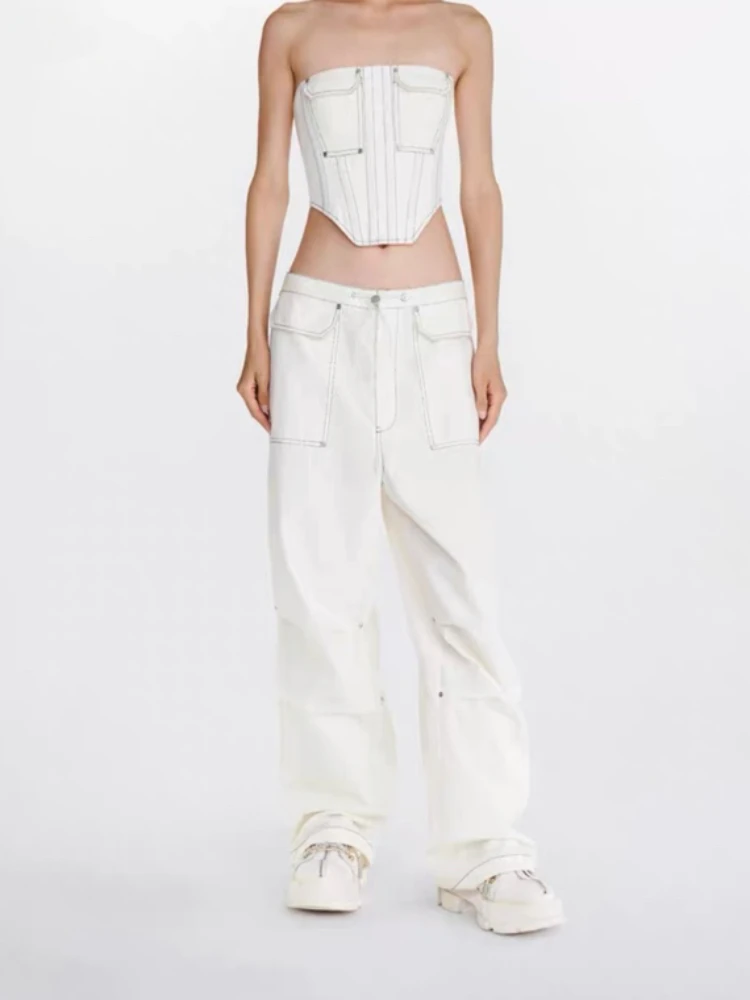 2024 New Top Quality Solid White Women High Street Pants Bright Line Decoration Pockets Drawstring Cargo Pants Spring Summer