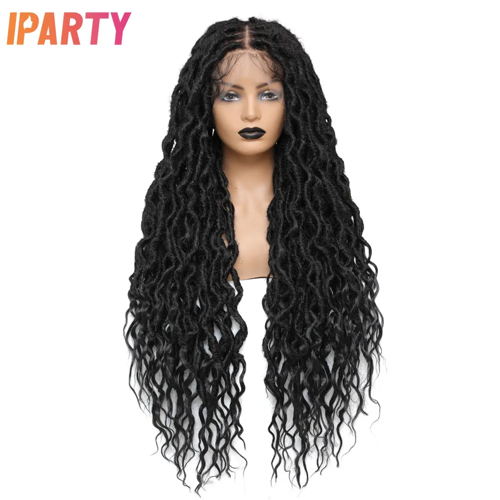 

IPARTY Wavy Faux Locs Braided Wig 13X4 Synthetic Lace Frontal Wigs with Goddess Locs Crochet Hair 32 Inch Wig for Black Women