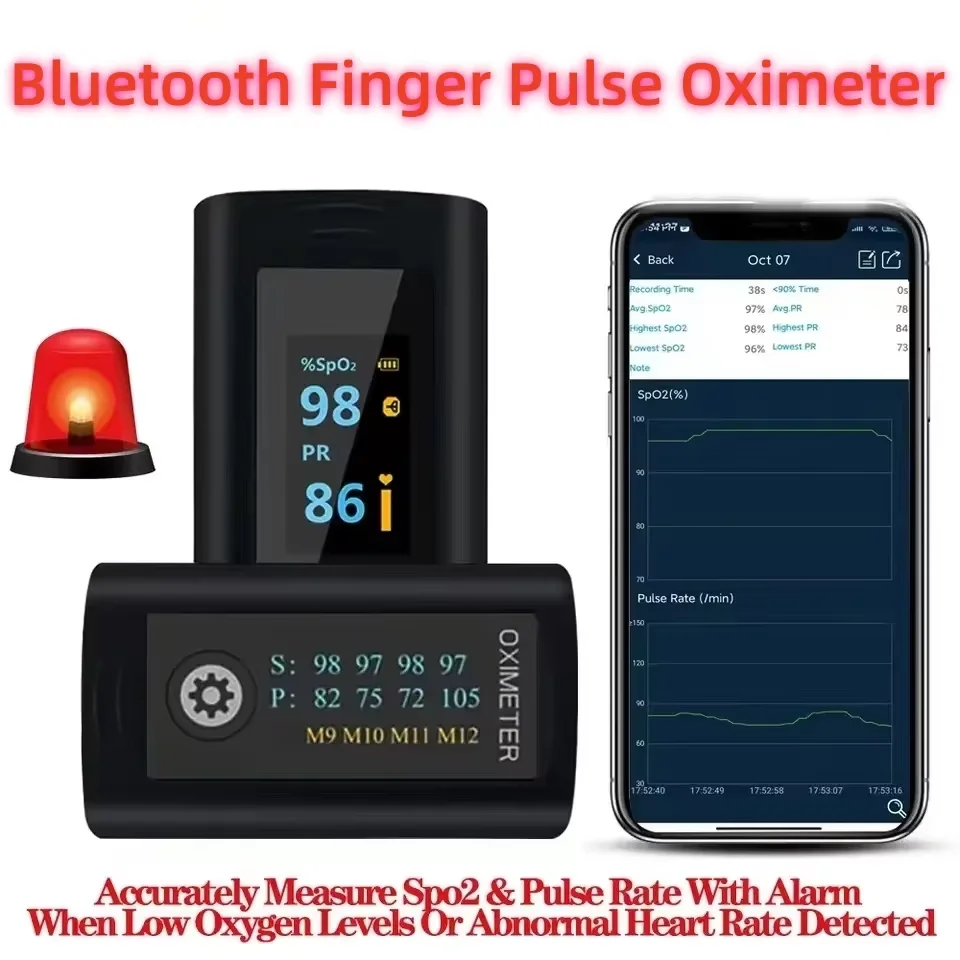 Bluetooth Finger Pulse Oximeter Sleep Monitoring with Alarm Blood Oxygen (Sp02) Heart Rate Saturation Internal Storage Log Data