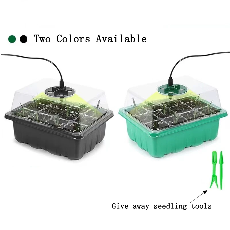 Seed Starter Tray Box LED Grow Light Nursery Pot Seedling Germination Planter Adjustable Ventilation Humidity 12 Cell