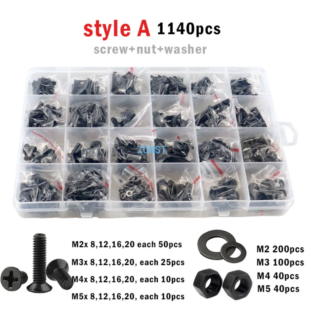 

500/1140pcs M1.4 M1.6 M2 M2.5 M3 M4 M5 Black Micro Phillips Cross Flat Countersunk Head Screw Laptop glasses Bolt Set Screws Box