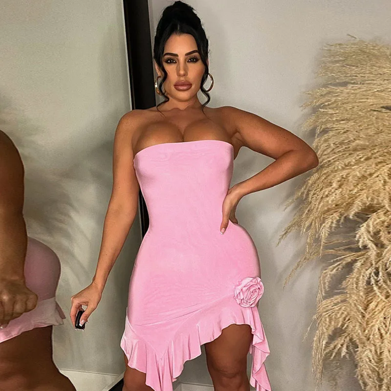 

Sexy Off Shoulder Tube Strapless Mini Dresses for Women 2023 Night Party Club Bodycon Dresses Elegant Ruffles Hem Birthday Dress