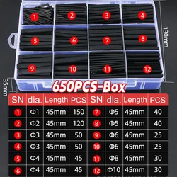 Black Heat Shrink Tubing Kit for Electrical Insulation and Wire Protection (650pcs - box)