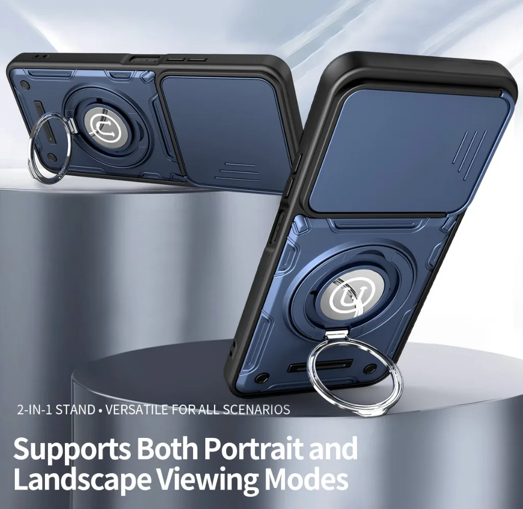 Magnetic 360° Ring Kickstand Phone Case with Slide Camera Lens Cover - Shockproof Design