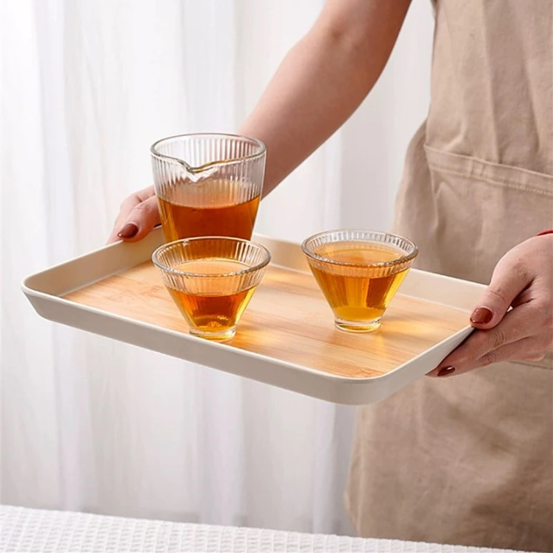 Japanese Style PP Imitation Bamboo Pattern Storage Tray Rectangular Thickened Teapot Plate Multifunctional Kitchen Storage Tools 4