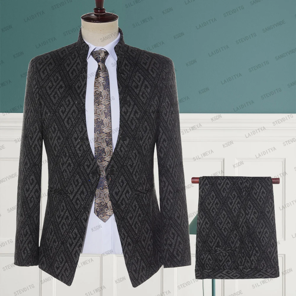 

Модные мужские повседневные Костюмы с воротником-стойкой серого и черного цвета с блестящими узорами в клетку в китайском стиле, комплект из 2 предметов, облегающая куртка и брюки, 2023