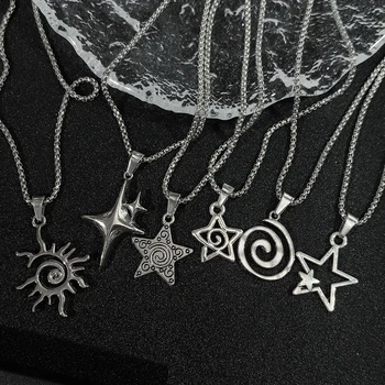 Y2K Star & Sun Spiral Pendant Necklace Silver Tone Minimalist Layered Necklaces for Women Daily Wear 1