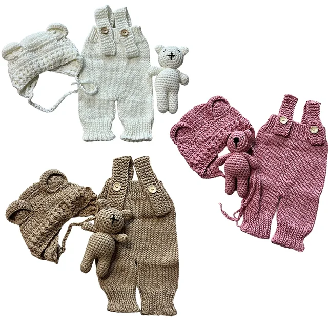 Vêtements de photographie pour nouveau-nés, barboteuse tissée à la main, pantalon, chapeau d'ours et poupées d'ours, accessoires de décoration, tenues de séance photo pour bébé, 3 pièces/ensembles 1