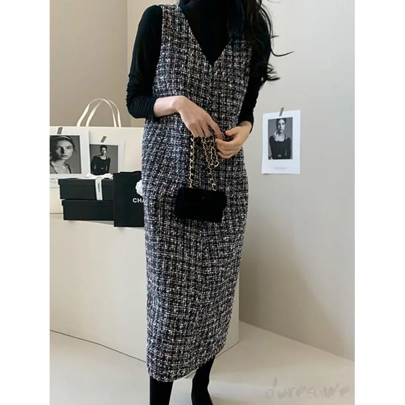 

Autumn Winter Woolen Dress For Women Black Sweater Plaid Sleeveless V Neck Vest Long Vestidos