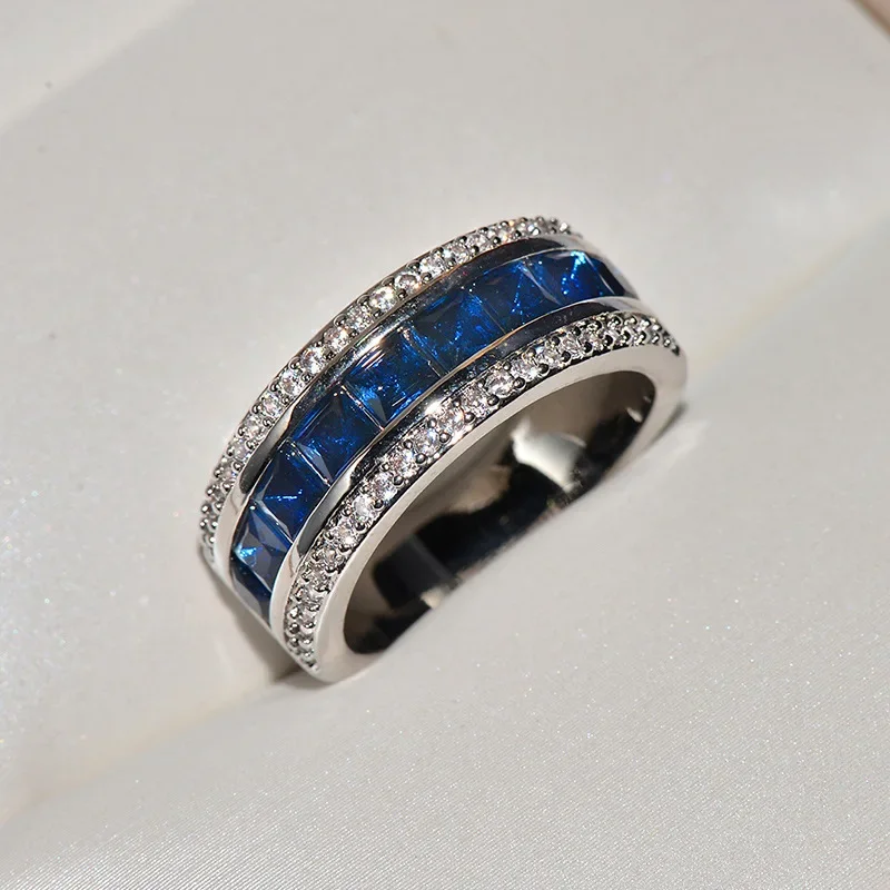 925 Sterling Silver Finger Ring Round Blue Square Cubic Zirconia Crystal For Women Wedding