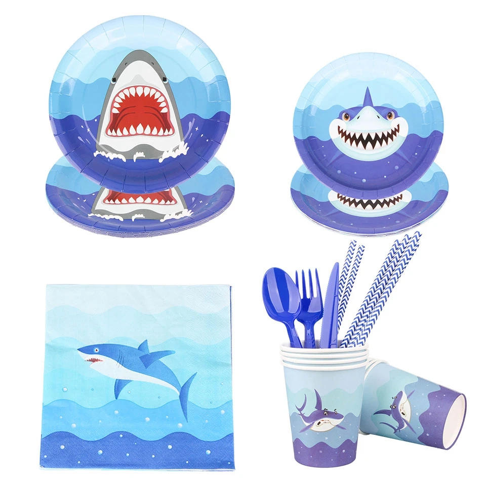 

1SET Cute Blue Shark Theme Birthday Party Decorations Disposable Tableware Kids Balloons Baby Shower Home DIY Supplies