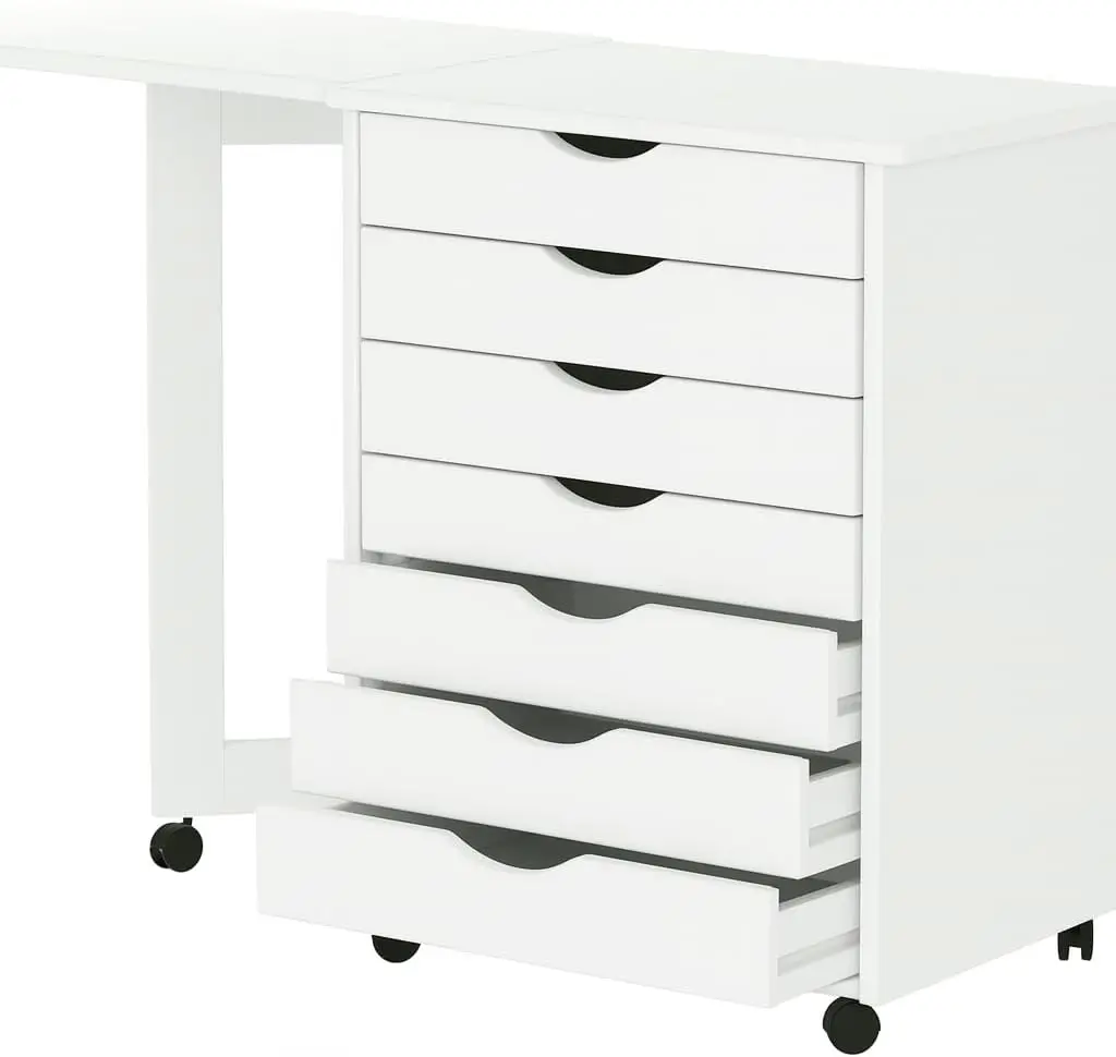 Original Drop Leaf Roll Cart with Desk, Sold Wood, 7 Drawer Extra Wide Drawers Roll Carts (White)