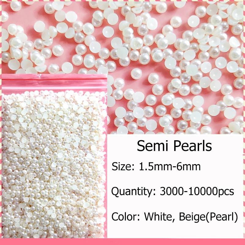 Wholesale 1 Pack 3000-10000PCS 1.5MM-6MM White Beige Flatback Semi Ball Pearls Nail Art Rhinestones Jewelry Manicure Charms 2