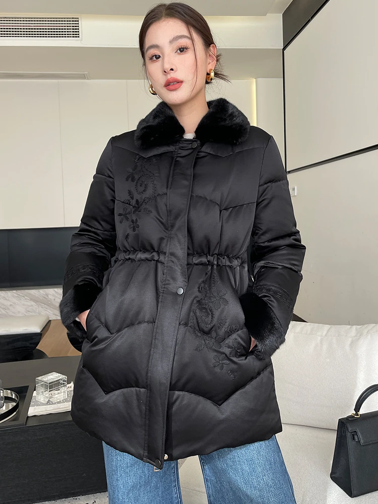 

High-end Luxury Real Mink Fur Collar Goose Down Jacket for Women 2024 New Trend Simple Mid-length Winter Mulberry Silk Down Coat