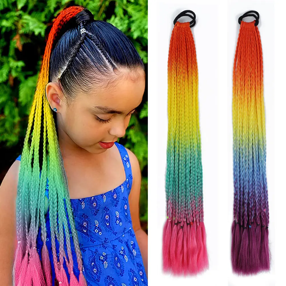 

AZQUEEN Synthetic Colored Braided Ponytail Hair Extension Rainbow Color Braids Pony Tail With Elastic Band Girl's Pigtail