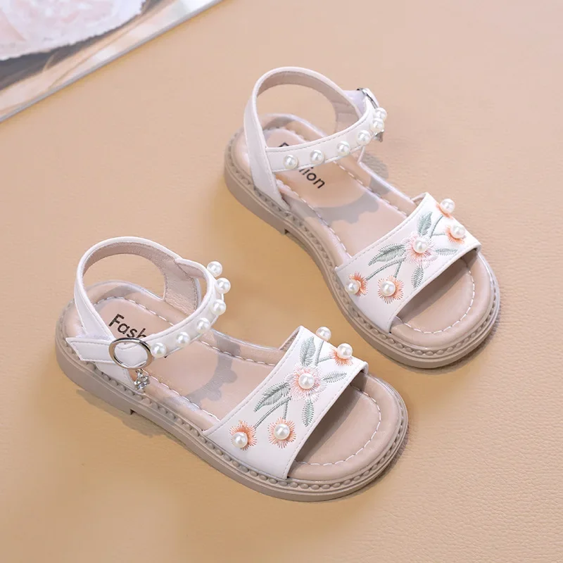 Kids Sandals for Girls Summer Princess Sweet Embroider Pearl Sandals Fashion Elegant Pearl Children Dress Flat Sandals Versatile