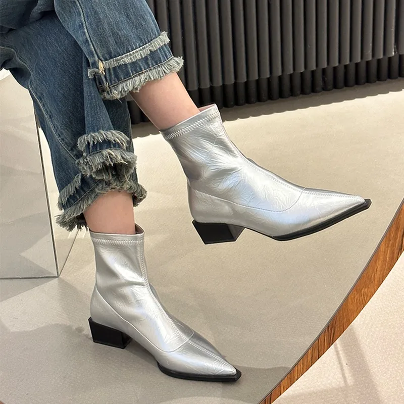 Shoes for Women 2023 New High Quality Silver Women's Boots Sexy Pointed Toe Mid Heel Ankle Boots Stylish Office Female Shoes