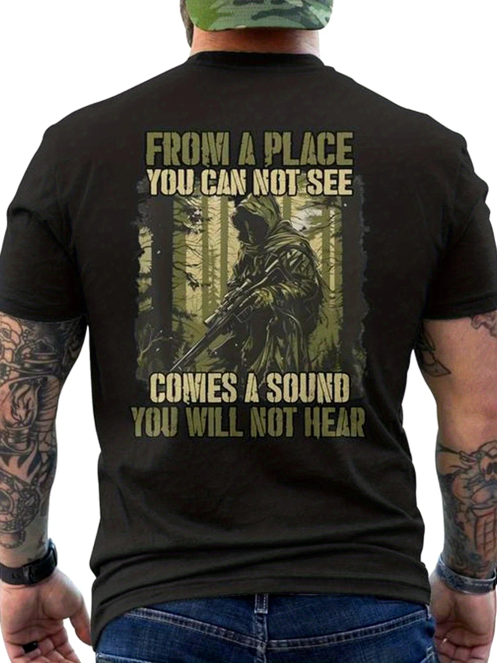 Herren-T-Shirt im Militär-Scharfschützen-Stil – taktisches T-Shirt mit Rückendruck im Wald-Tarnmuster, geeignet für militärische Kleidung in Farbe Bullet