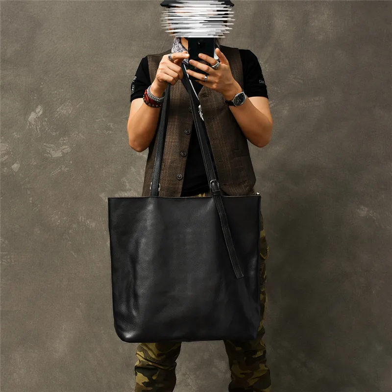 Simple large-capacity natural real cowhide men's shoulder bag outdoor travel soft genuine leather handbag work big tote bag