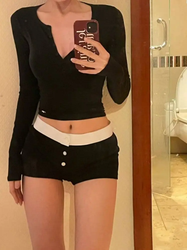 ADAgirl Black Sports Shorts for Women Y2k Casual Front Buttons Patchwork Korean Summer Pants Harajuku Fashion Low Waist Bottoms