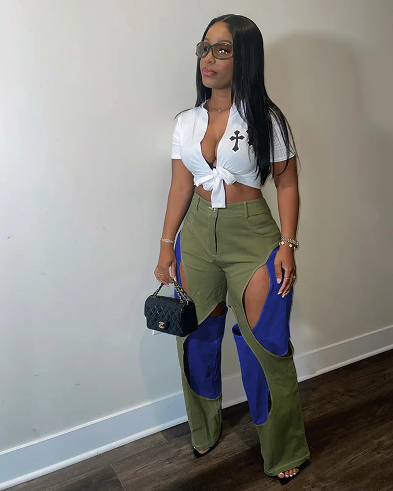 European and American women's color contrast line stitching hollowed out casual pants loose pants sweatpants  women pants