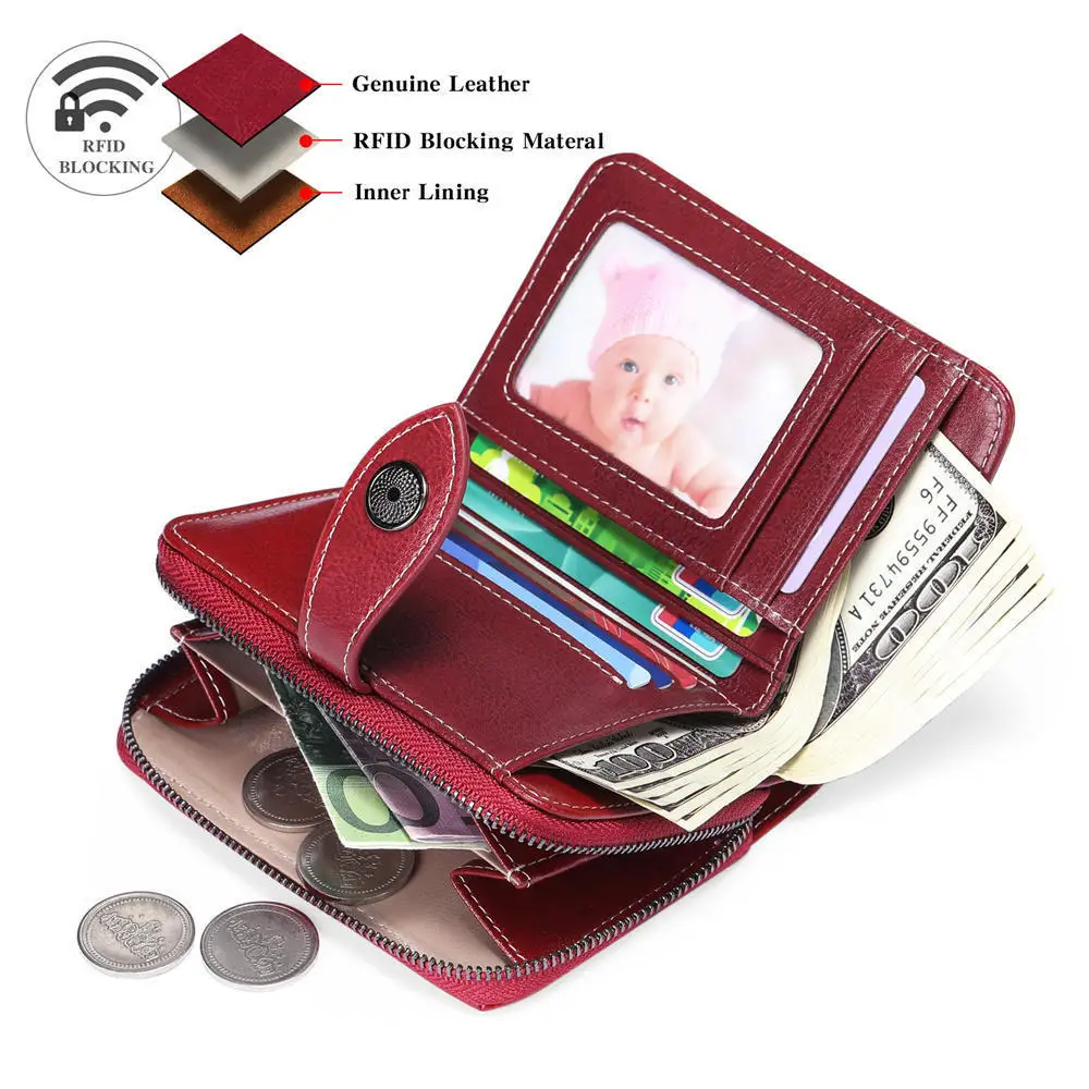 Women Vintage Oil Wax Leather Short Wallet Zipper Small Coin Pouch Two-fold Hasp Mini Purse Card Holder Ladies Fashion Clutch 4