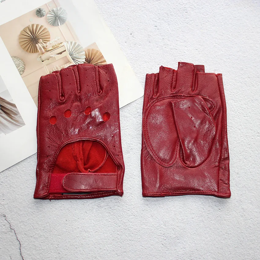 Leather Half Finger Gloves Women's Short Thin Section Unlined Spring and Autumn Motorcycle Riding Ladies Driving Fingerless