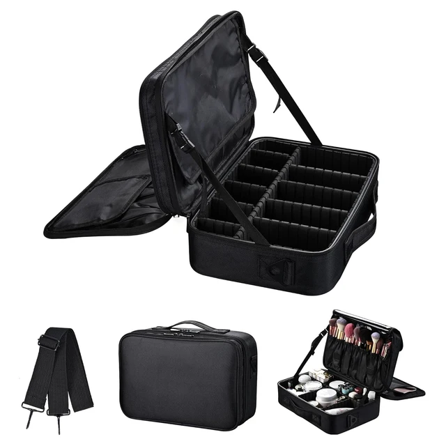 54976-156d67.jpg Large capacity travel makeup case, portable artist organizer with adjustable dividers and shoulder strap for toiletries jewelry