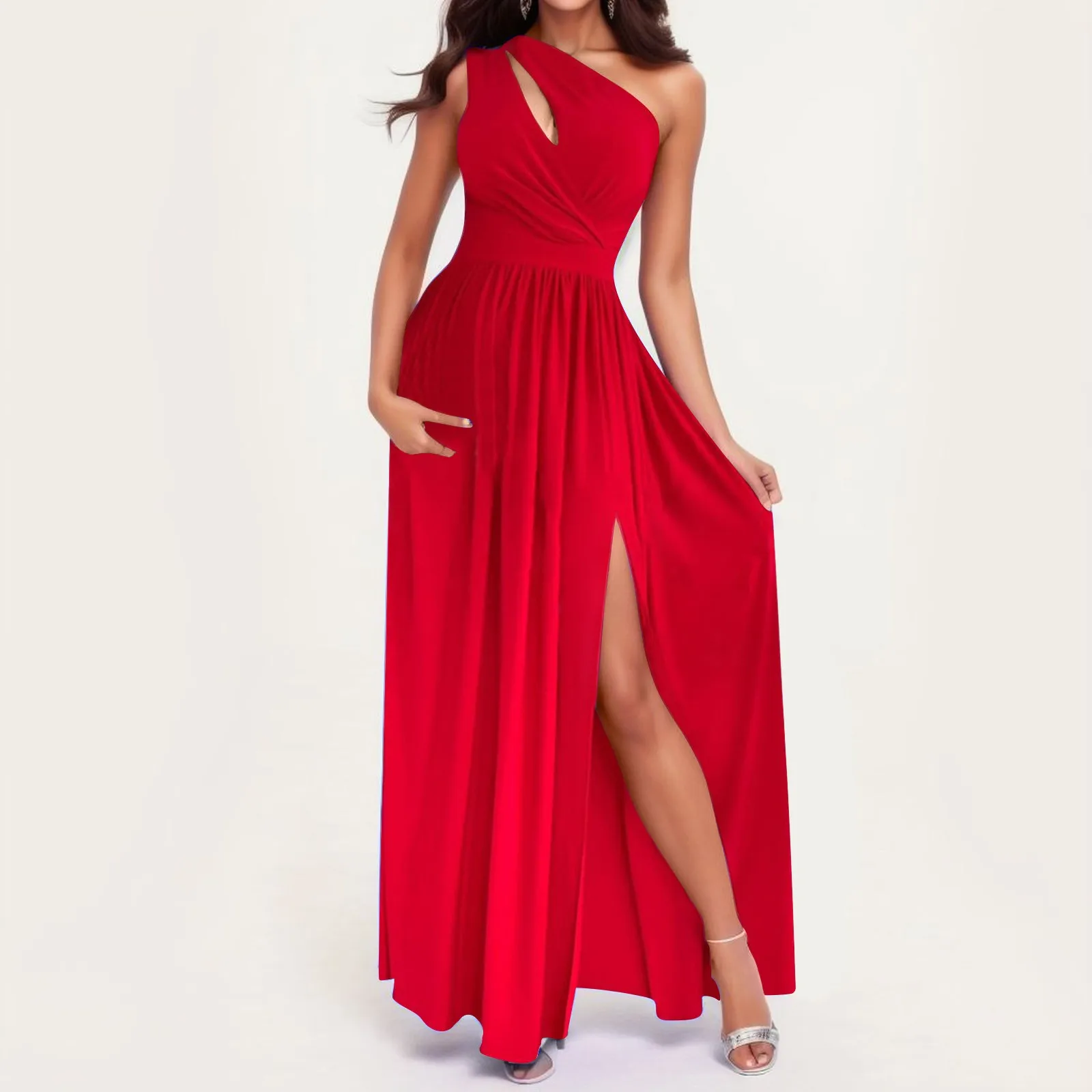 Vestido Elegante Anaranjado/Rojizo Plisado de un solo Hombro