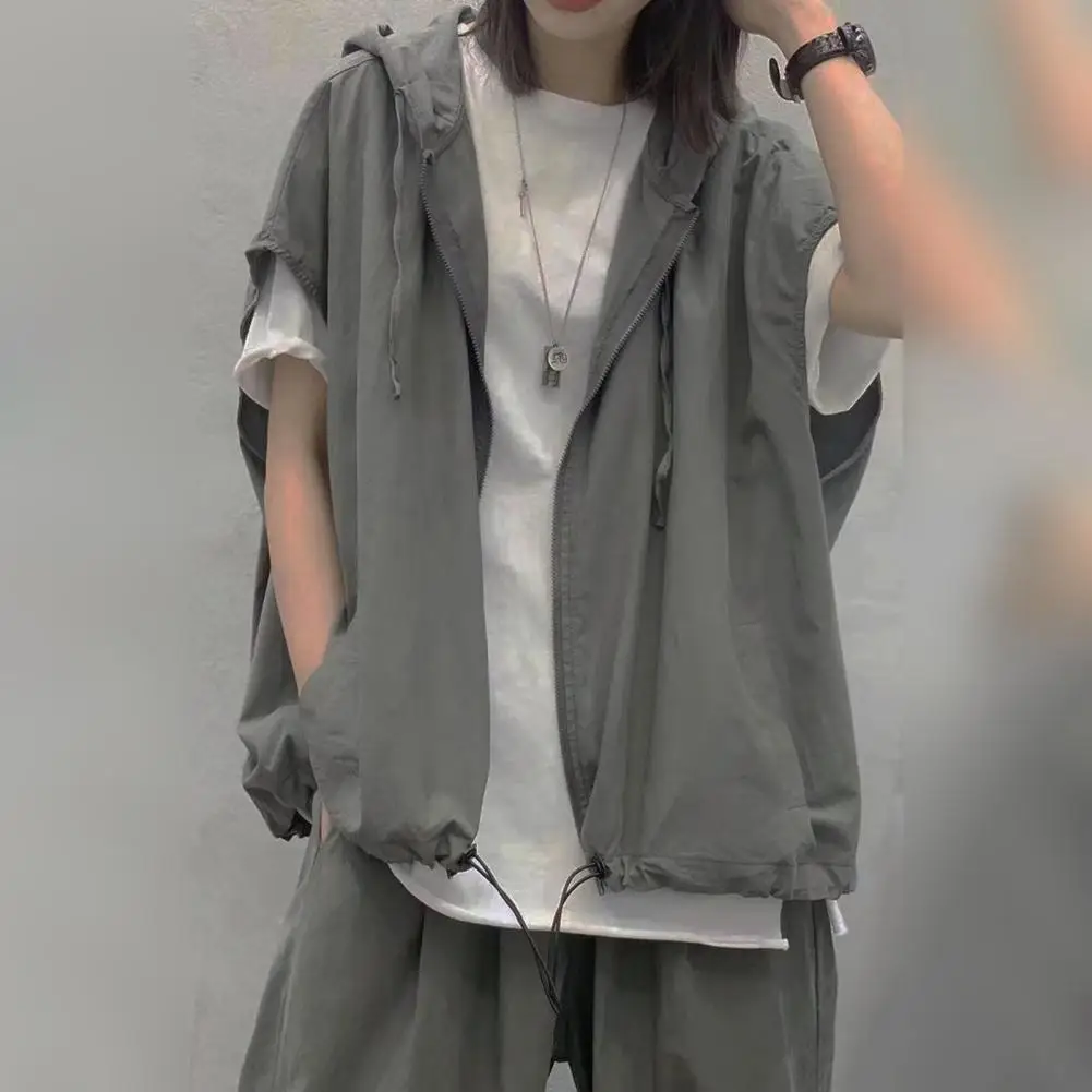 

Harajuku Hooded Sleeveless Cardigan Men Vintage Hip Hop Cargo Vest Japan Style Casual Thin Jackets for men jaqueta masculina