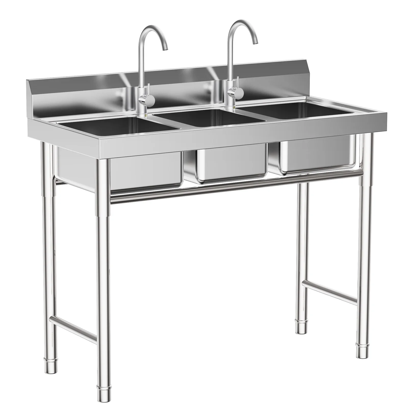 3 Compartment Stainless Steel Commercial Kitchen Sink with 2 Faucets Freestanding Restaurant Kitchen Sink Utility