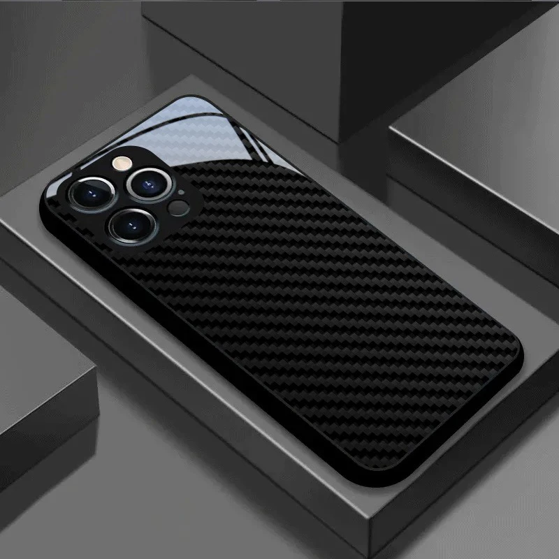 Schwarze Handyhülle aus gehärtetem Glas mit Kohlefaser-Textur für iPhone 18 17 16 15 14 13 12 11 Pro Max Air 7 8 Plus XR XS X Cover