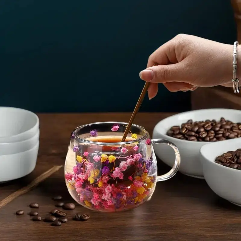 Elegant Double-Layer Glass Cup with Dried Flower Embellishment, Heat-Resistant