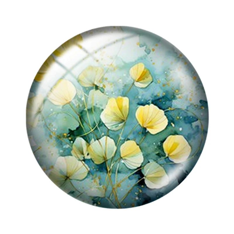 10pcs Watercolor Green Plants Round Glass Cabochons – Assorted Sizes