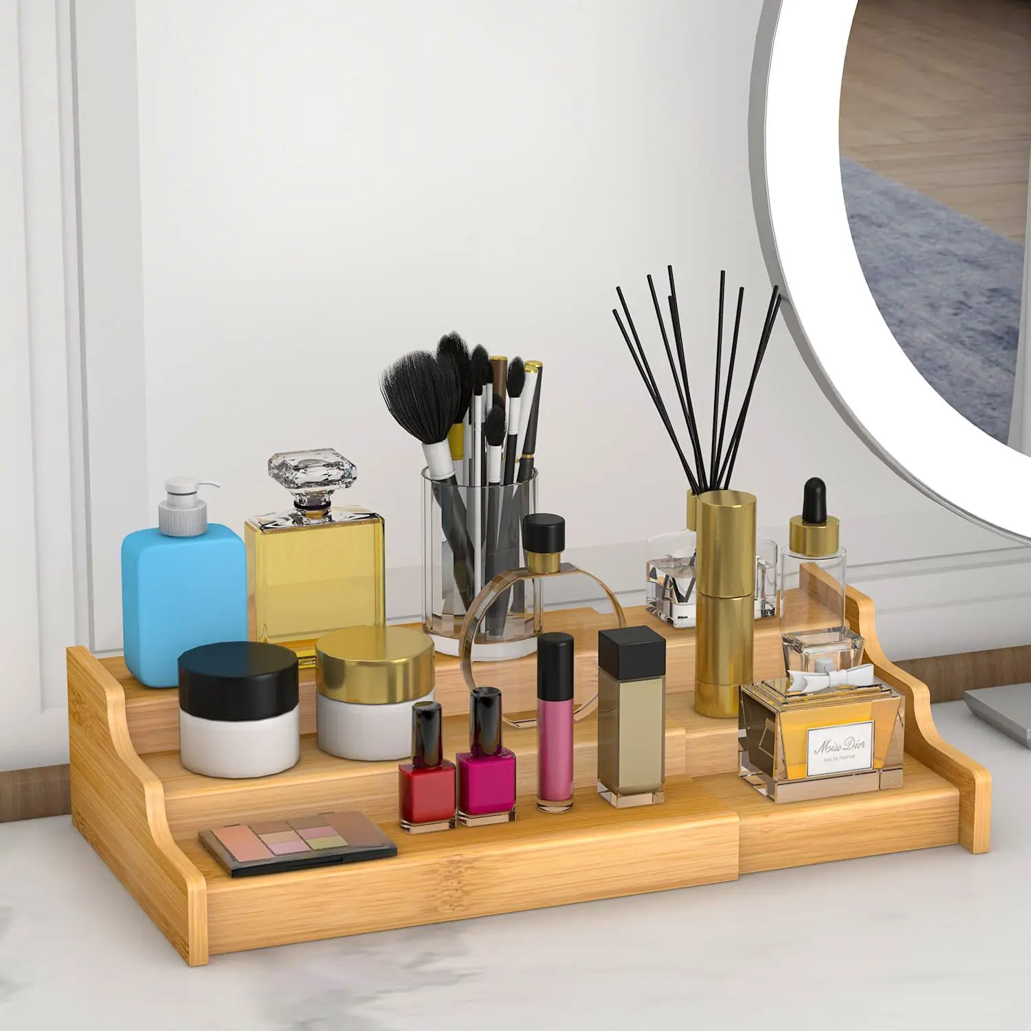 3 Tier Expandable Bamboo Spice Rack Seasoning Organizer for Cabinet Pantry Countertop Kitchen Step Shelf  Makeup Organizer 2