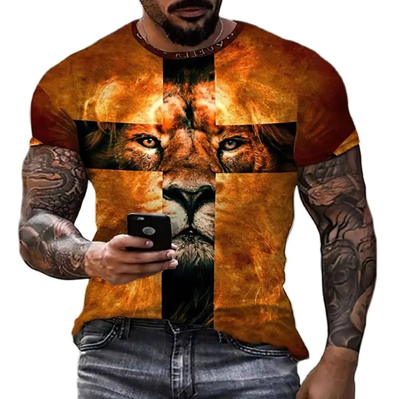 

Летняя мужская футболка с круглым вырезом и принтом головы льва, Забавный 3D топ с принтом льва, очень большая Мужская футболка с короткими рукавами, мужская одежда