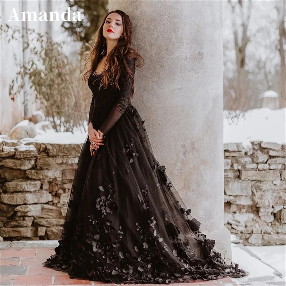 

Amanda Luxury Lace Embroid Prom Dress Sexy Long Sleeve A-line فساتين السهرة Black 3D Flower Embroid Vestidos De Noche
