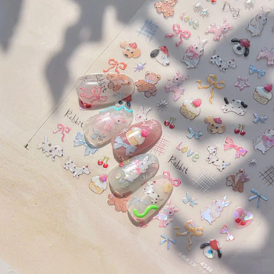 핑크 플랫 낙서 귀여운 강아지 네일 스티커, 파티 케이크 DIY 물컵 카메라 장식, 매니큐어 스티커, 한국 스타일 네일 데칼, 1 개