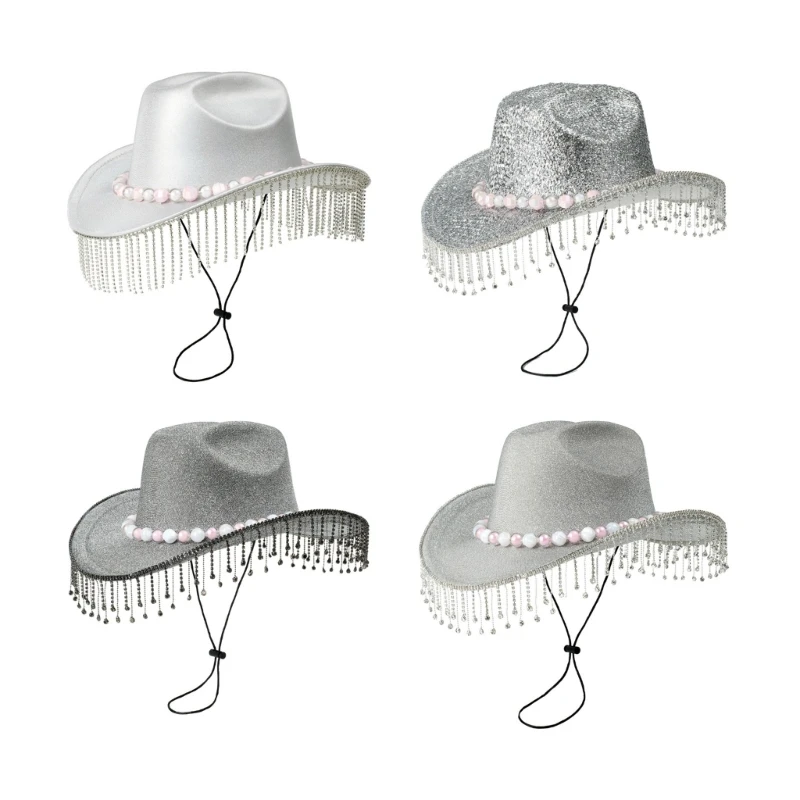 

652F Vacation Cowboy Hats Diamond Tassels Hand Beading Crystal and Pink Beads Cowgirl Hat for Carnivals Music Festival