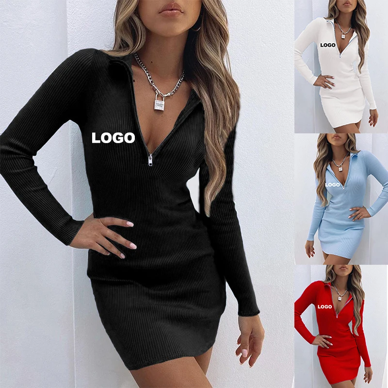 Custom Logo Autumn Chic Knit Ribbed Women Zipper Dress Long Sleeve Solid Color Dresses Female Clothing women single breasted cardigan denim dresses fashion broken holes streetwear midi dress female chic casual slim fit a line gown