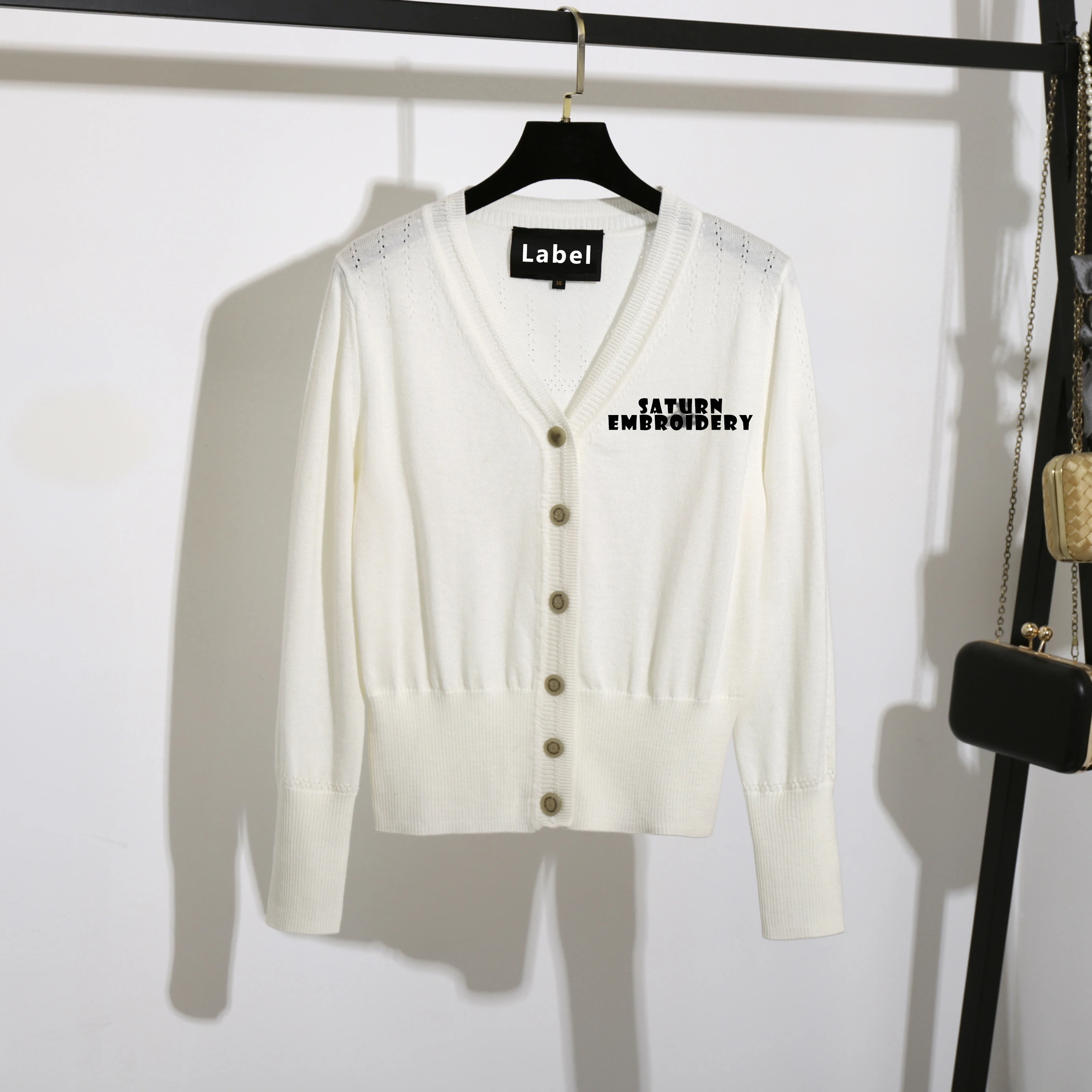 

New Saturn Embroidery 100% Wool Cardigan for Women Knitted V Neck Strech Open Stitch Sweater