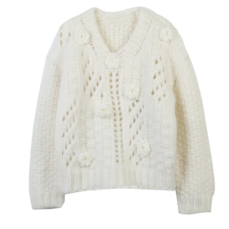 

Crochet Hollow Out Pullover 2023 Autumn Winter Sweater Women Long Sleeve White Flower Splice Hollow Loose Knitted Tops