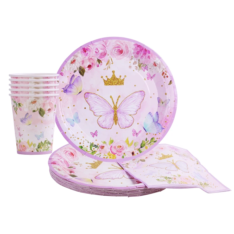 Butterfly Disposable Tableware Set Paper Plate Cup Napkin Fairy Girl Birthday Party Decor Baby Shower Decoration DIY Supplies images - 6