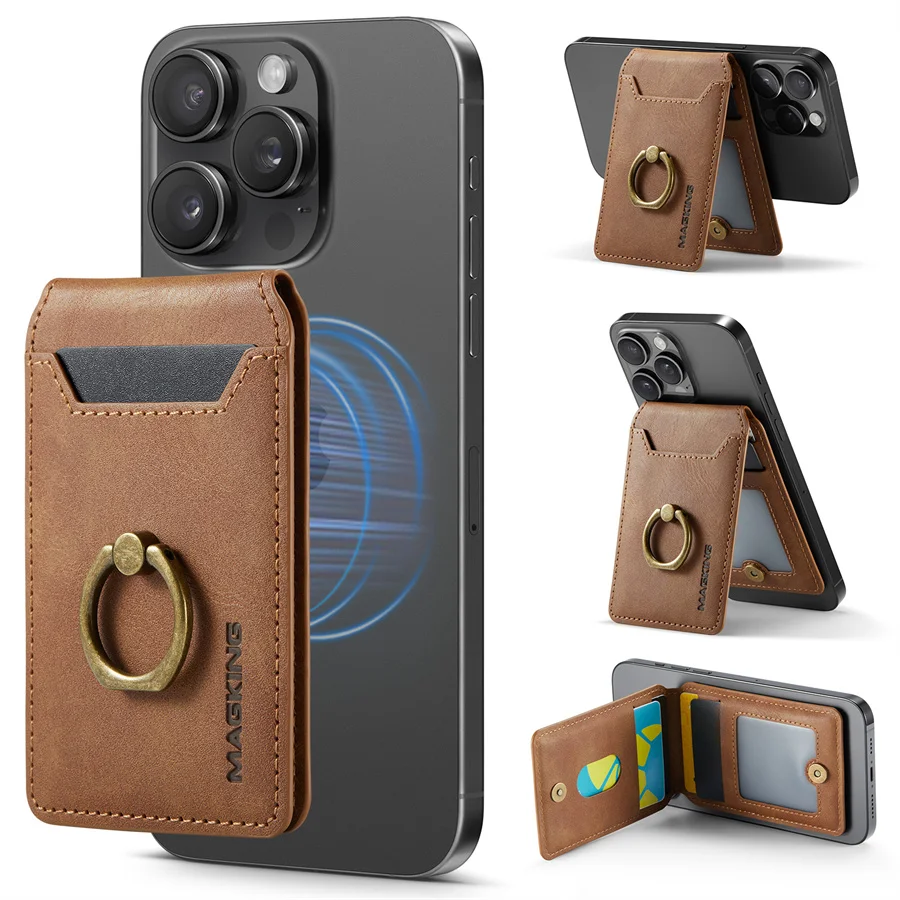 Luxury Leather MagSafe Card Holder with Finger Ring Grip and Kickstand Wallet