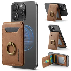 Luxury Leather MagSafe Card Holder with Finger Ring Grip and Kickstand Wallet - N52 Strong Magnet (Brown)