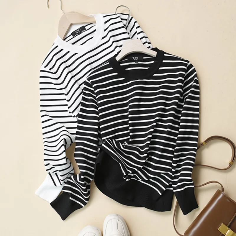 

Casual Knitwear Women Spring O-neck Loose Striped Clothing Girls Fashion Streetwear Sweatshirts