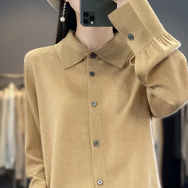 

Women's summer thin 100% Merino wool top casual loose lapel sweater 2024 new model