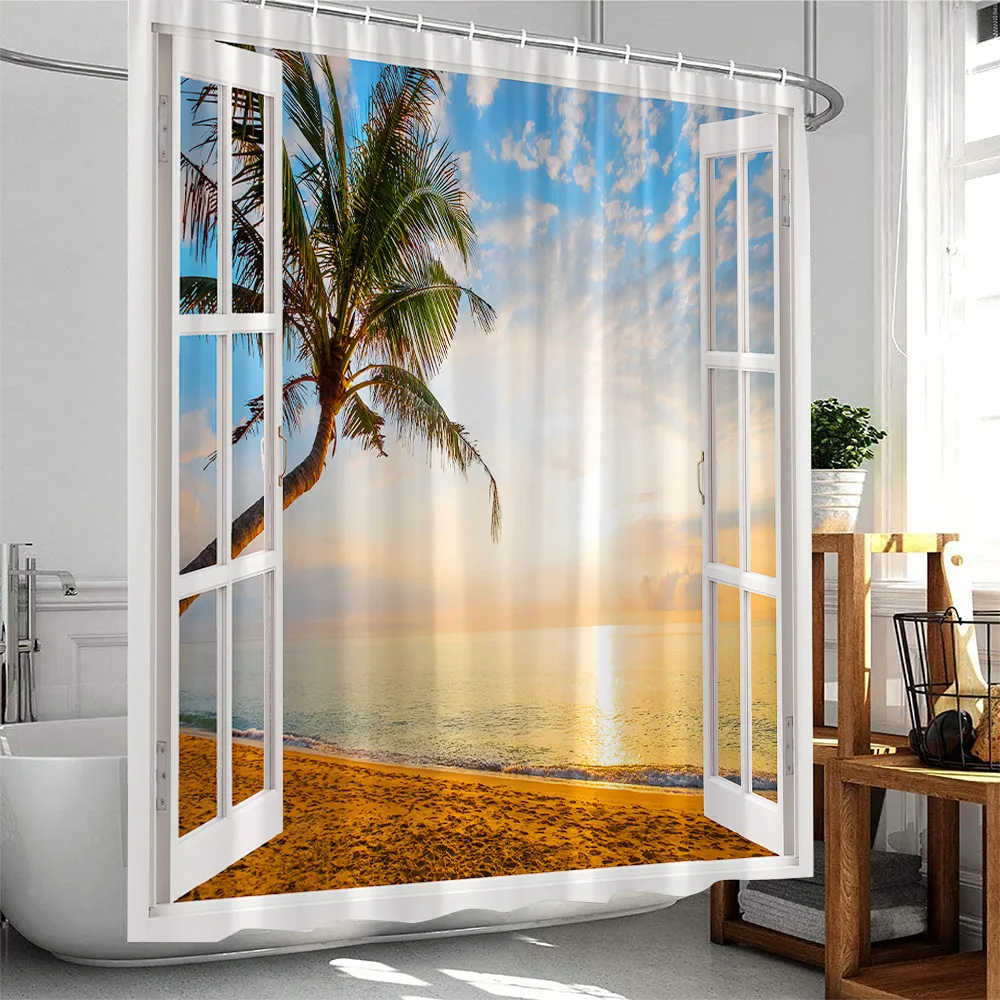 JOOCAR 72x72 Inch Tropical Sunset Landscape Shower Curtains Summer Sea  Level Coconut Tree Blossom Floral Bathtub Decor Cloth Waterproof Machine