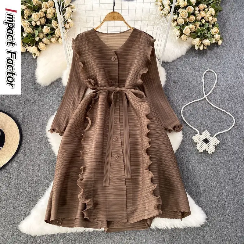 

Женское роскошное элегантное Плиссированное однобортное платье-трапеция средней длины с длинным рукавом, V-образным вырезом и оборками