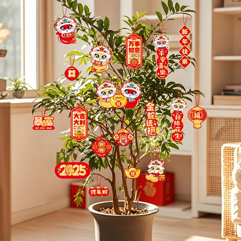 New Year Greeting Cards Cartoon Snake Blessing Pendant Gift Card Red Hanging Tags 2025 CNY Spring Festival Home Party Decor